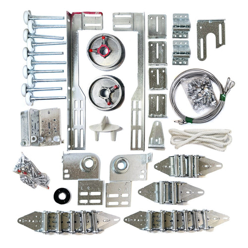 Complete garage door hardware kit with rollers, hinges, and brackets