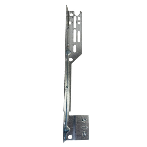 Left-hand Torquemaster Flag Angle Bracket for 12" radius garage door track, made of heavy-duty galvanized steel.