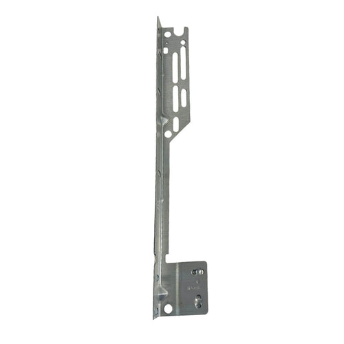 Left-hand Torquemaster Flag Angle Bracket for 15" radius garage door track, heavy-duty galvanized steel for Wayne Dalton systems.